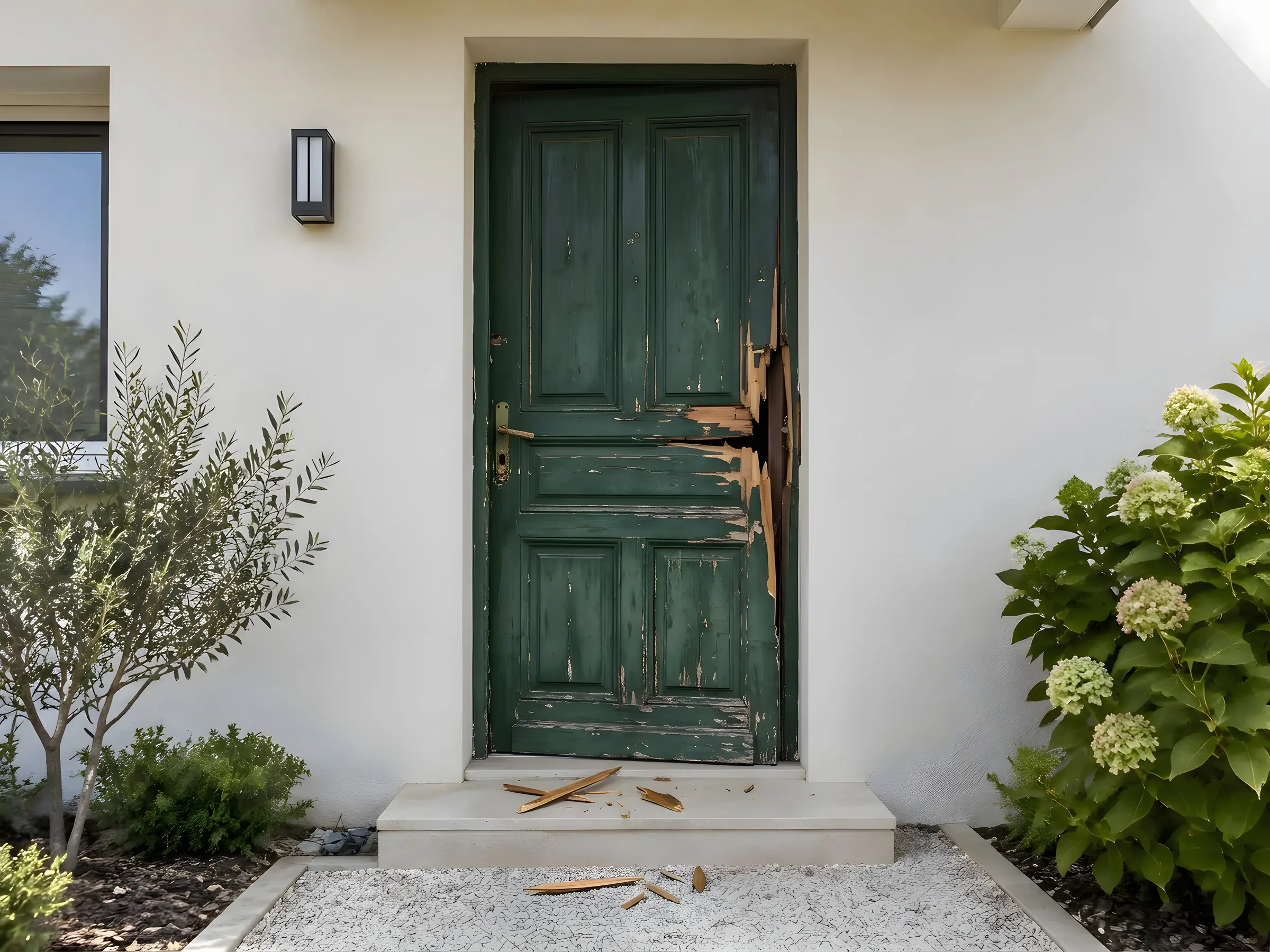 Une porte forcée remise à neuf — avant